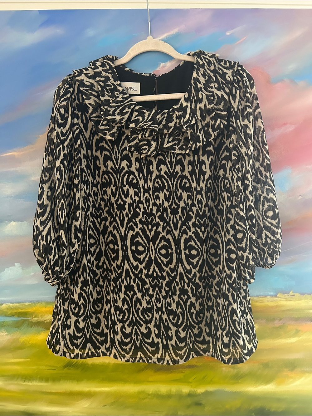 Sara Campbell Black & Cream Ikat Ruffle-Neck Blouse
